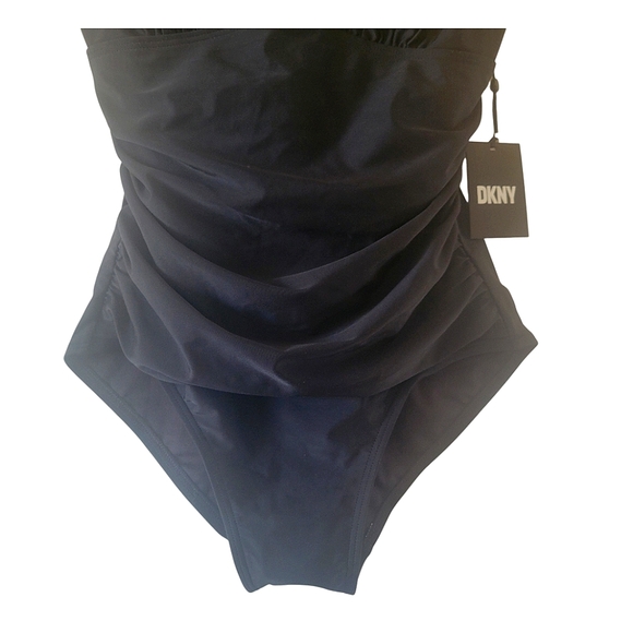 DKNY Black Ruffle Plunge Underwire Tummy Control 50 UPF One Piece Swimsuit NWT - Picture 3 of 7